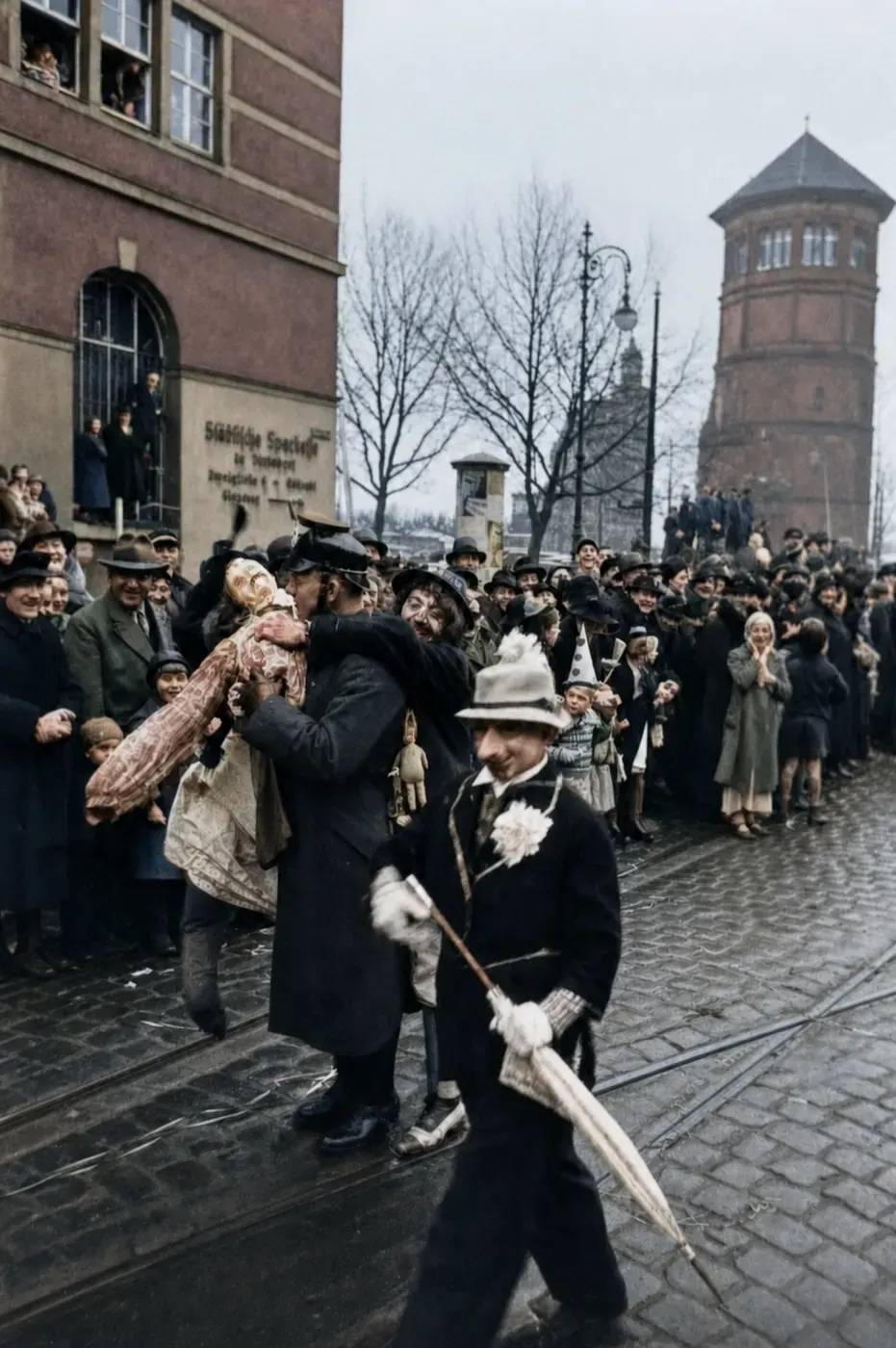 Kostümierte mit Puppe und Regenschirm im Düsseldorfer Karneval, 1937