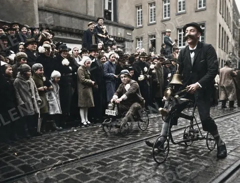 Kostümierte auf Miniaturfahrrädern im Düsseldorfer Karneval, 1937