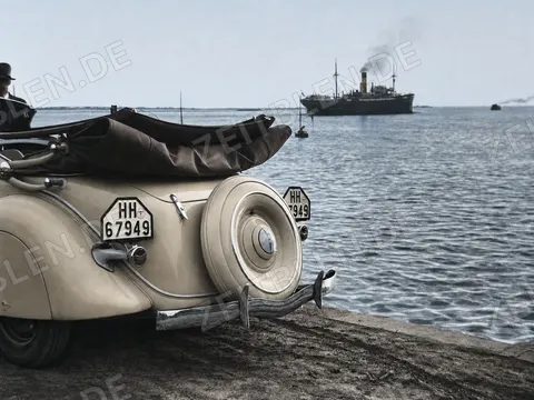 Cabriolet und Dampfschiff an der Elbe