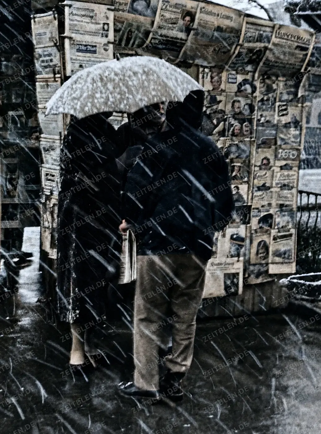 Zeitungskauf im Schneetreiben