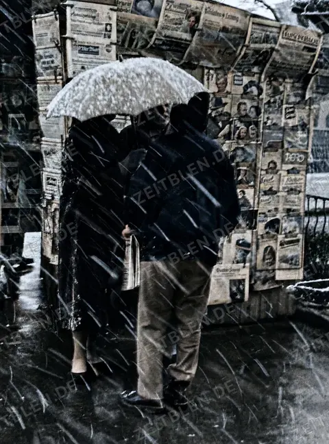 Zeitungskauf im Schneetreiben