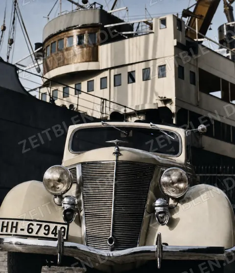 Adler-Pkw vor einem Schiff im Hamburger Hafen