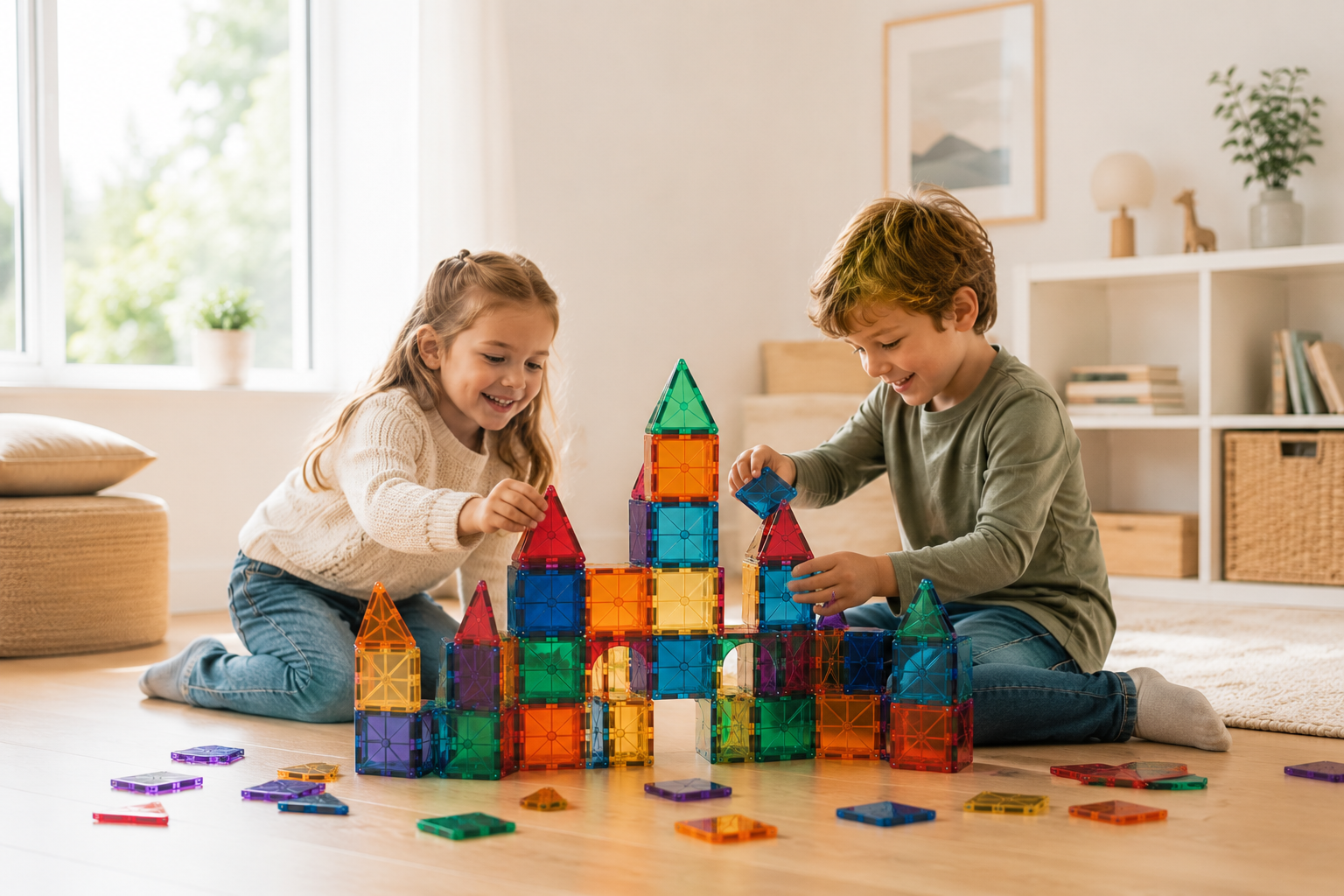Colorful magnetic building pieces for creative structures.