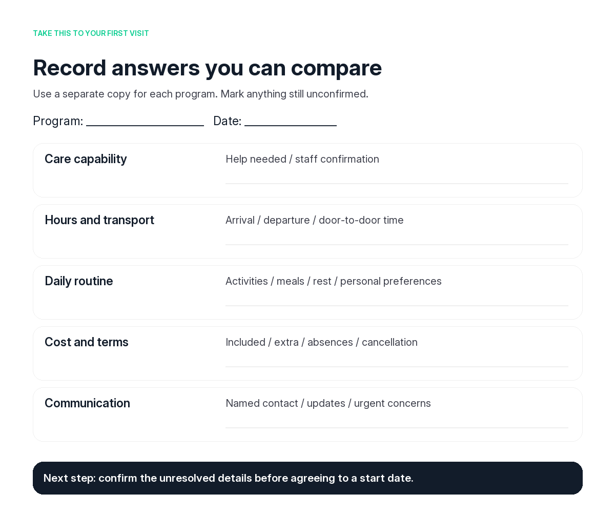Adult-day first-visit comparison worksheet with fields for care capability, hours and transport, daily routine, costs and communication.