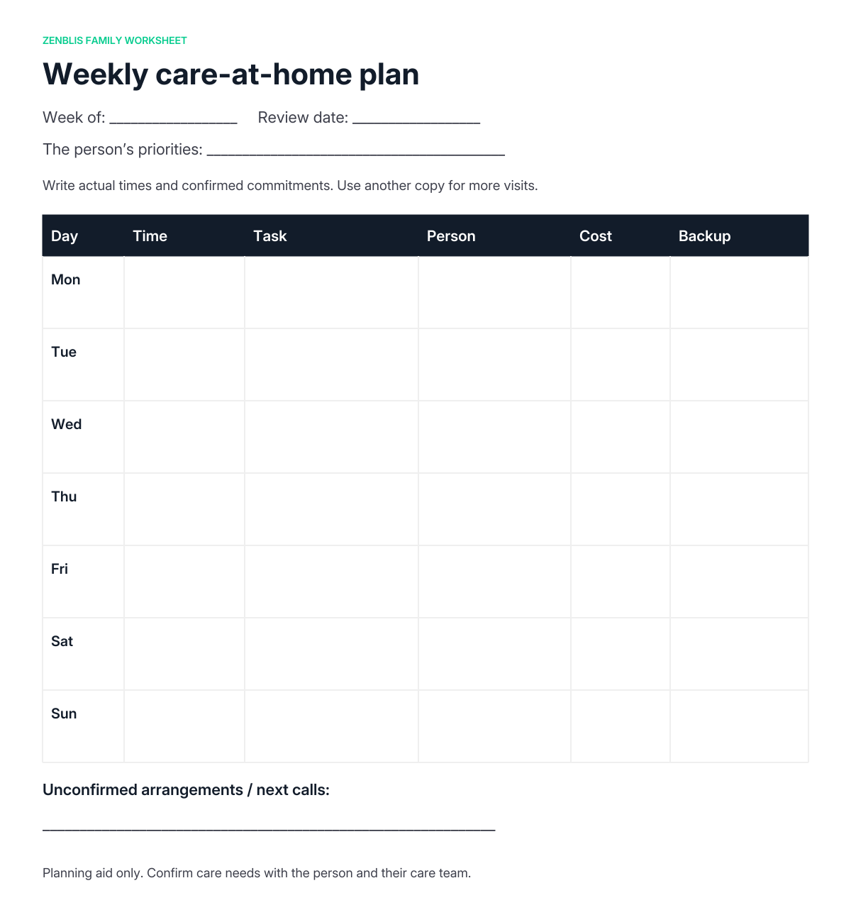 Blank weekly care plan with Monday through Sunday rows and columns for time, task, person, cost and backup.