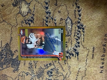 Chase Brown 2025 Topps Chrome Football Base Autograph, graded 9.0
