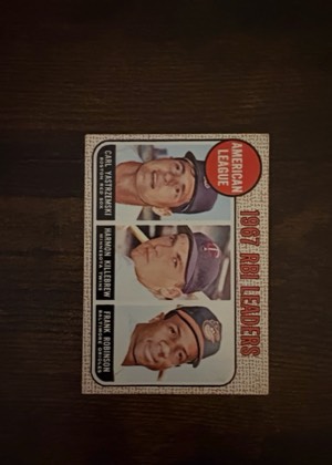 1968 Topps #4 Carl Yastrzemski / Harmon Killebrew / Frank Robinson (AL RBI Leaders), graded 6.5