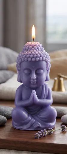 Lit lavender-colored meditating Buddha candle on a wooden table with lavender flowers and pebbles.