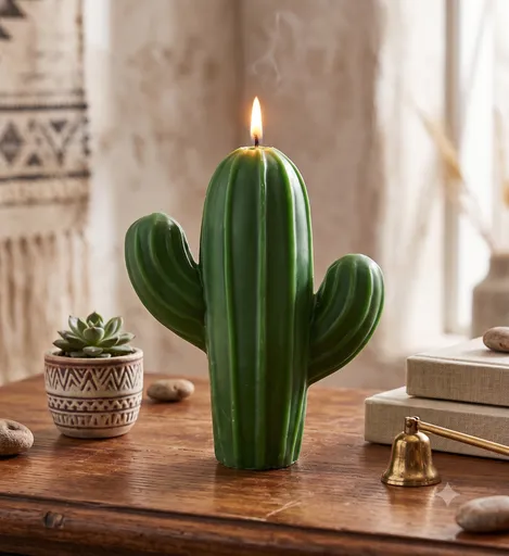 Handcrafted green saguaro cactus-shaped decorative candle burning on a rustic wooden table.