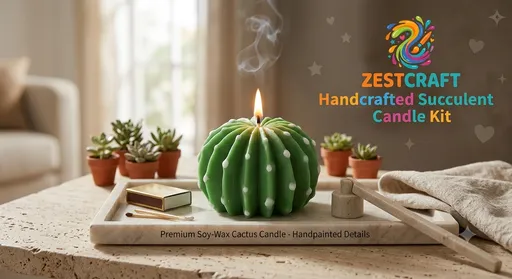 Handcrafted green cactus-shaped soy wax candle burning on a marble tray.