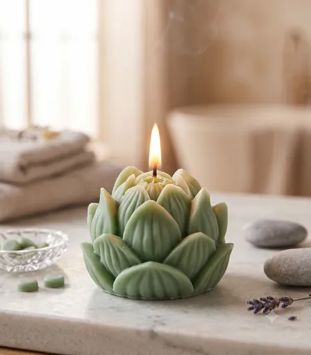 Lit sage green lotus-shaped decorative candle on a marble surface in a tranquil spa setting.