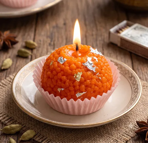 A realistic orange Motichoor Laddu shaped candle lit on a ceramic saucer with silver foil details.