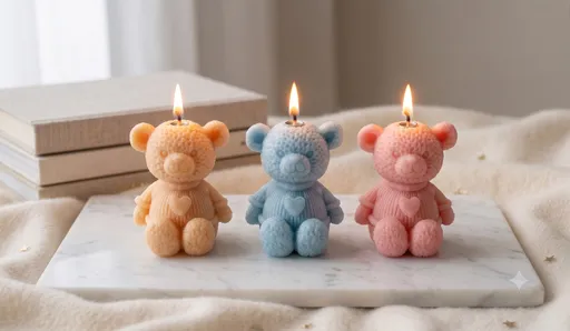 Three lit pastel teddy bear shaped candles in peach, blue, and pink sitting on a marble tray.