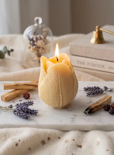 Handcrafted cream tulip-shaped candle burning on a marble tray with lavender.
