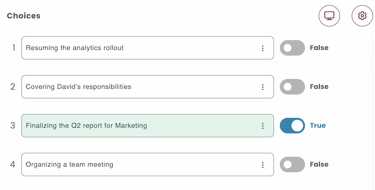 Multiple choice question editor with toggle switches to mark correct answers for automated scoring