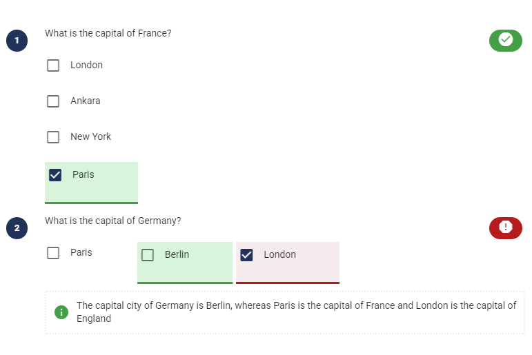 Upon page submission, the system provides feedback and correct answers for any incorrectly answered questions. Once the correct answers are displayed, the candidate is unable to make any changes to their previous answers, ensuring that the score of the test remains accurate.