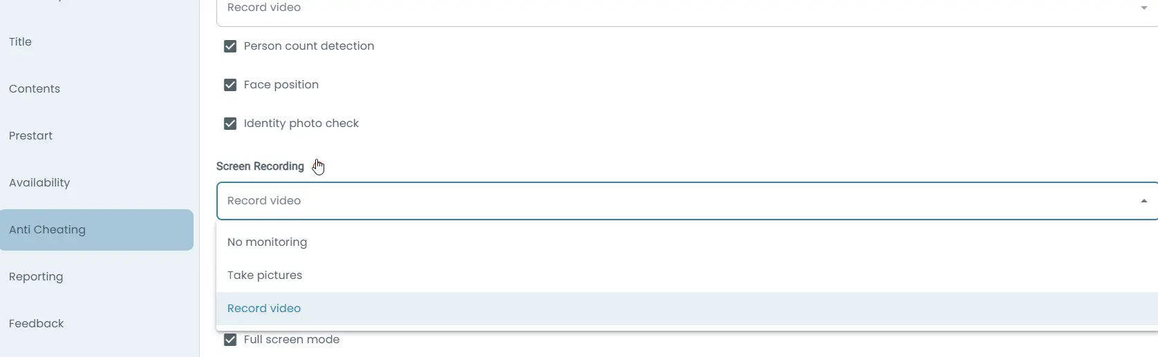 Test security settings showing webcam and screen recording options