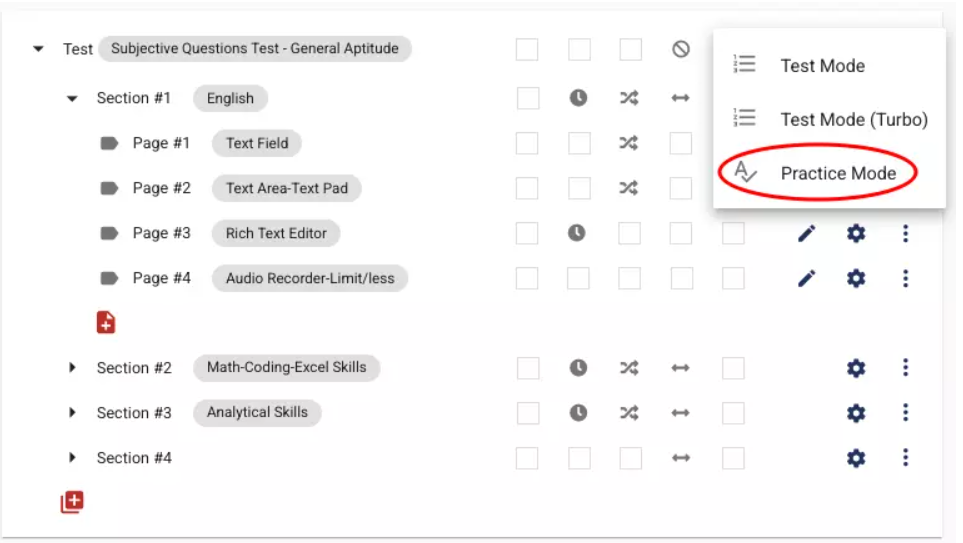 An exam can be previewed in Practice Mode by clicking on the option in the red circle.