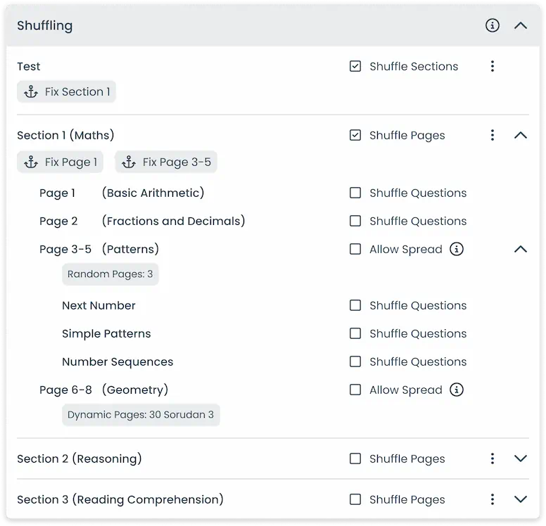 Question shuffling settings for sections and pages