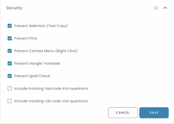 Security settings with options to block copy, print, right-click, Google Translate, and spell check