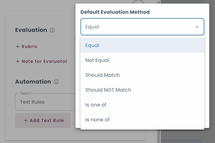 Dropdown menu showing automated text evaluation methods