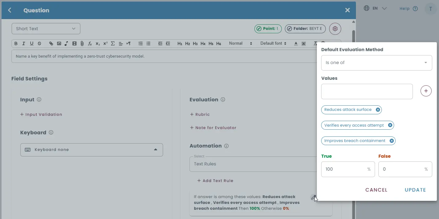 Rule-based grading interface using text matching conditions