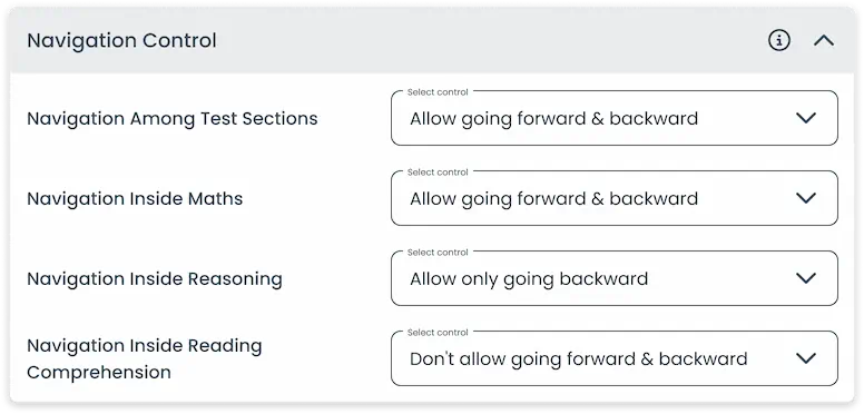 Navigation control settings for different sections