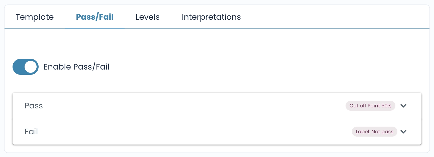 Pass/fail configuration with cut-off score and labels