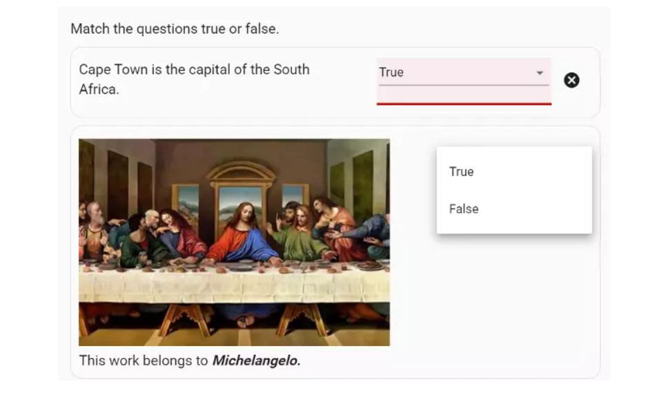 Sample of a question created by matching the pictures with true-false options.