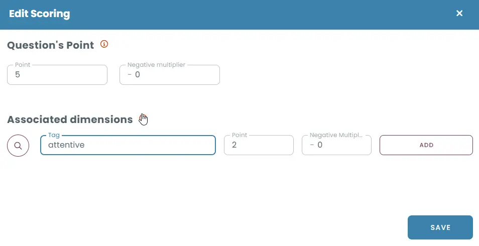 Edit scoring screen with point assignment and dimension tagging 