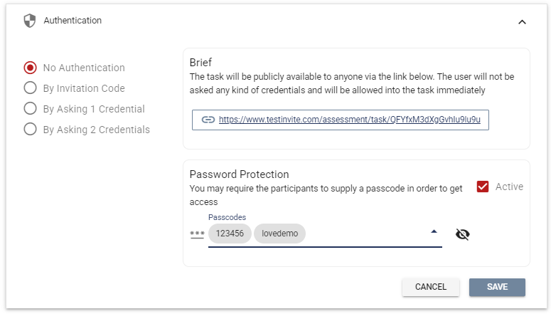 Securing assessment access with shared passwords: 123456 and lovedemo<br>