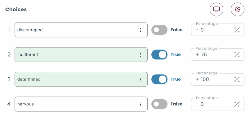 Multiple choice question interface showing partial scoring setup