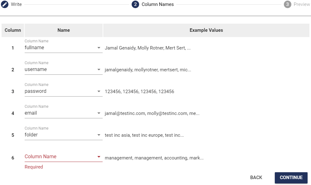 If you have also added tag values, you should write the tag names in the column name section next to the tag values on the screen. You cannot change the column names of other values (full name, username, password, e-mail, and folder name) on this screen.