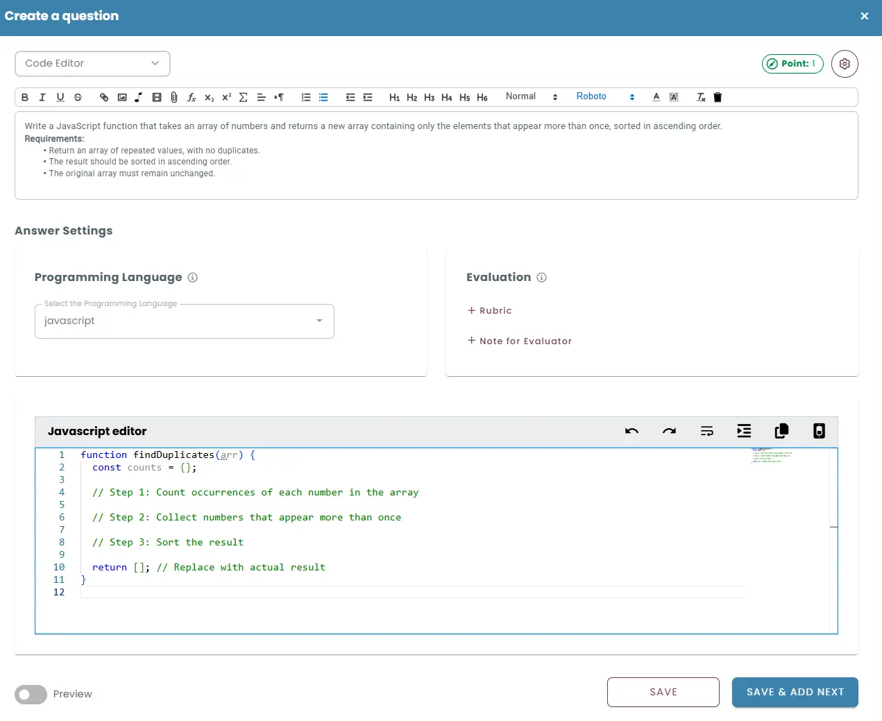 Code editor view for entering a programming question