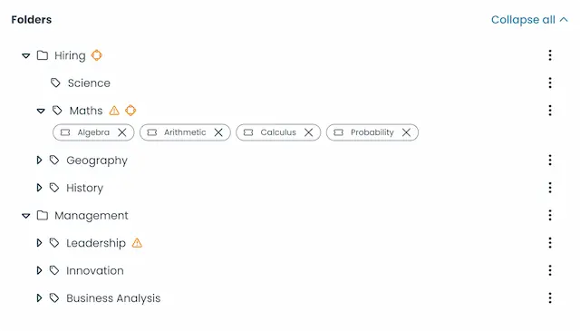 Question tagging system showing categorized folders and tags