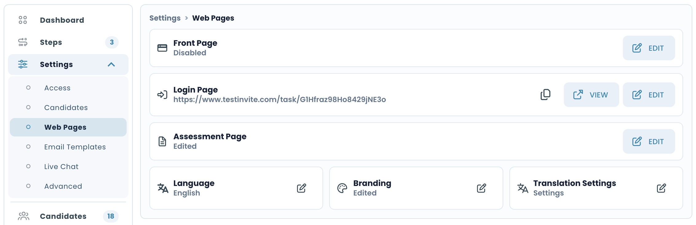 Page settings showing the front page, login page, assessment page, branding, and language options