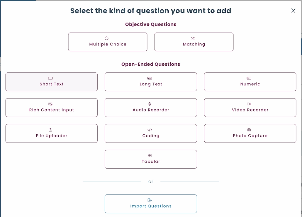Question type menu