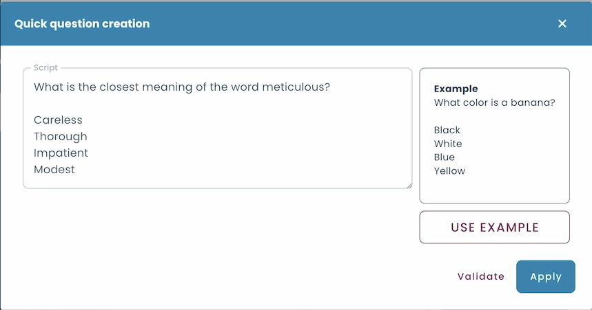 Quick question creation interface showing a a question with multiple choice options