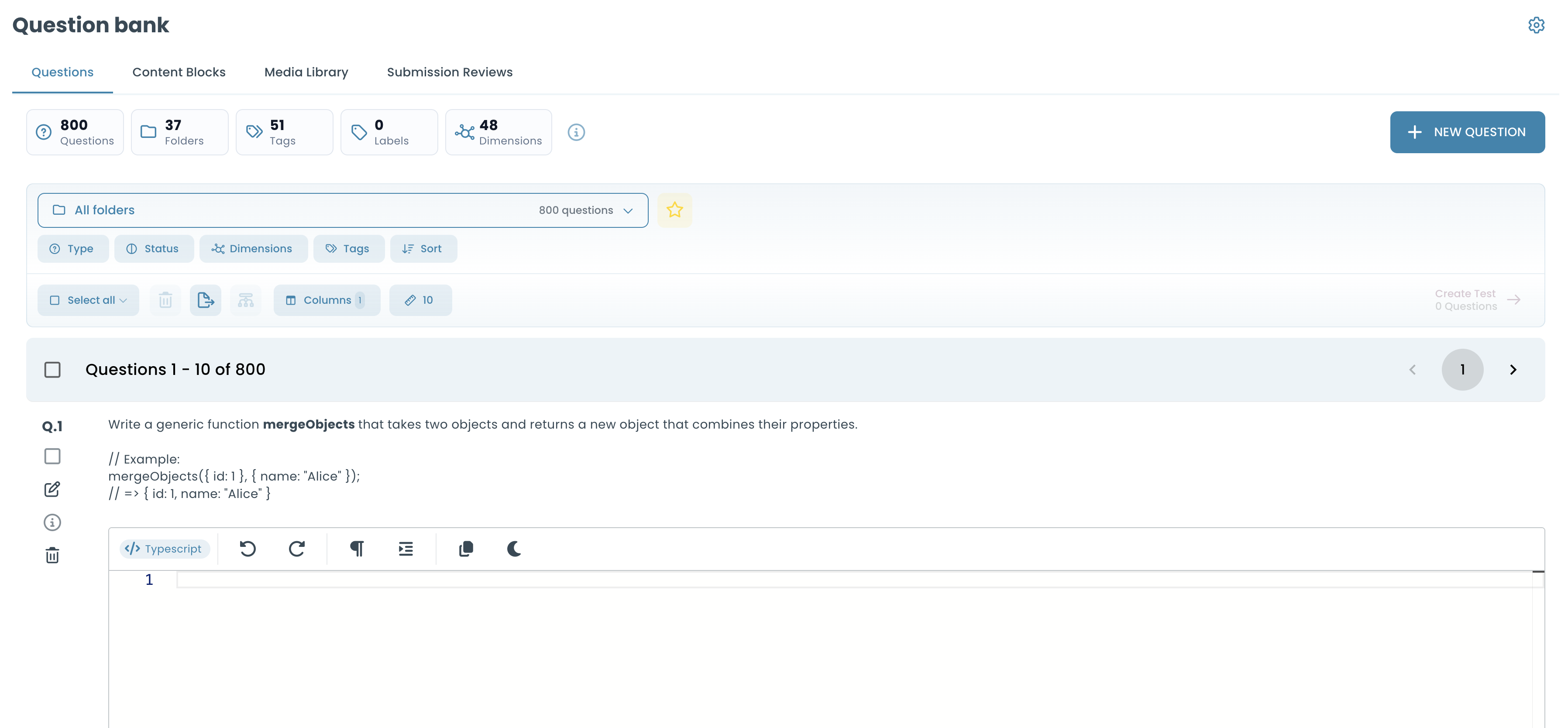Opening the Question Bank to create questions