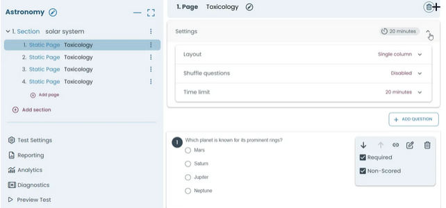 Review the created static pages and manage their questions and settings.