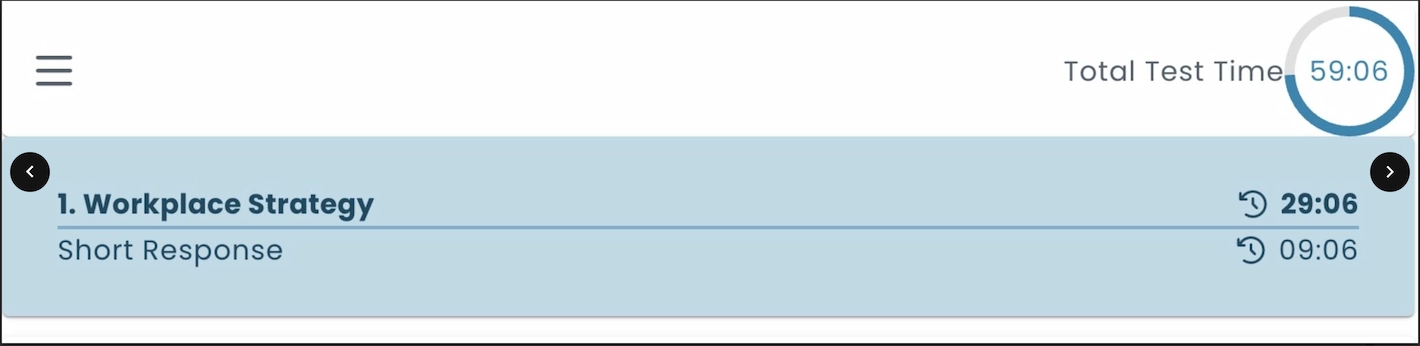 Test interface showing total test time and individual time limits for a section and page