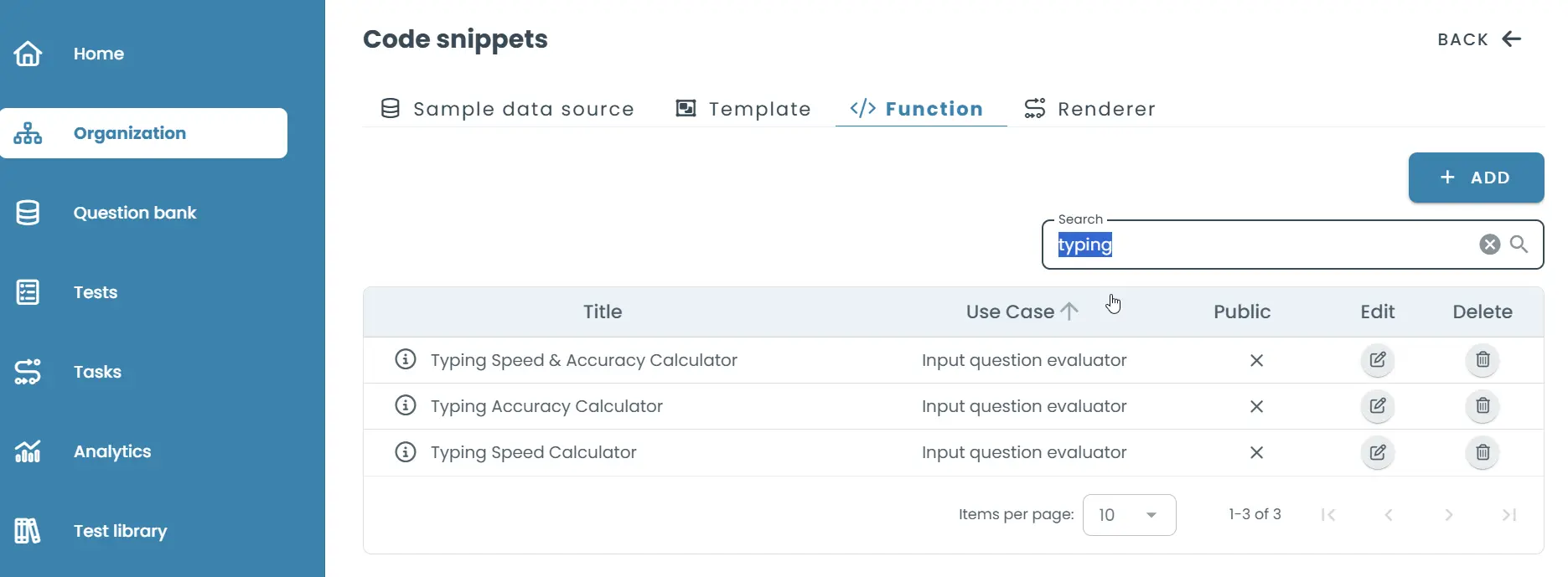 Code snippets dashboard showing typing evaluator functions