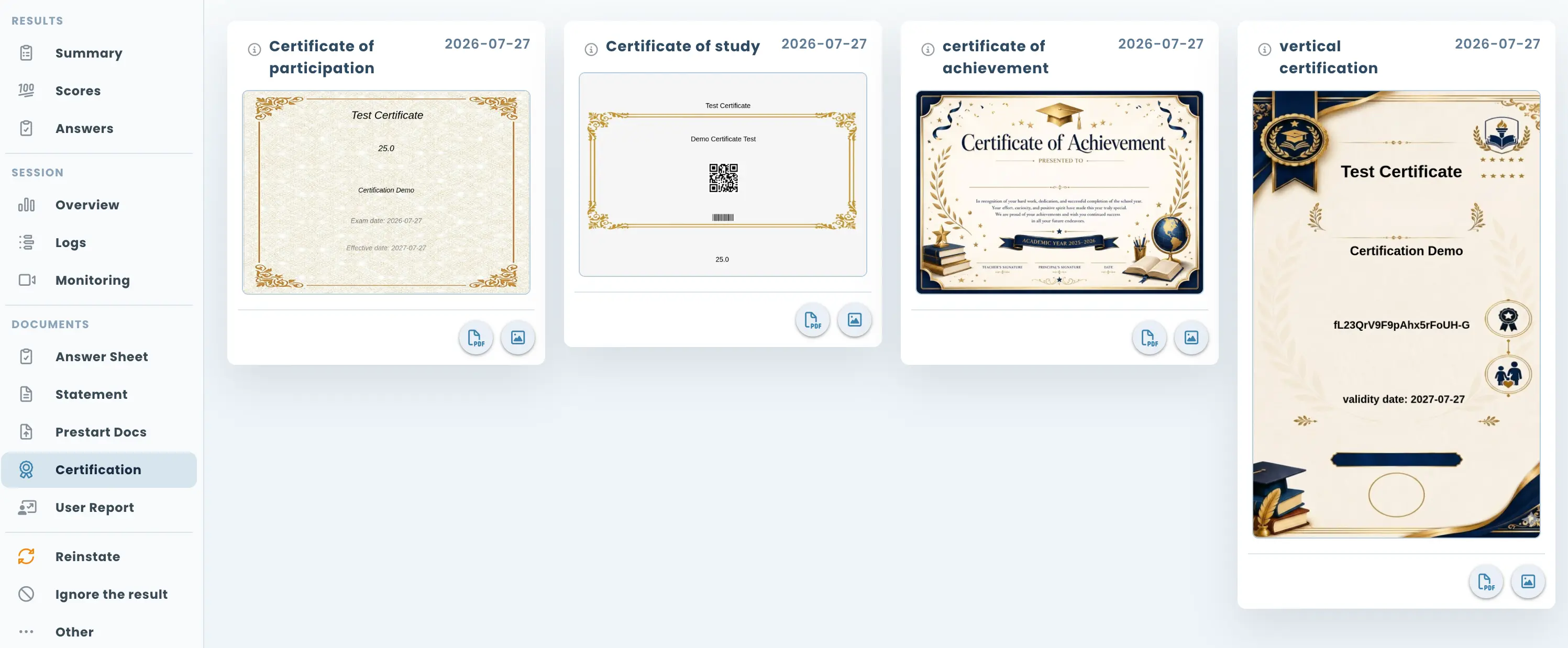 Certificate gallery showing customizable certificate templates in multiple layouts