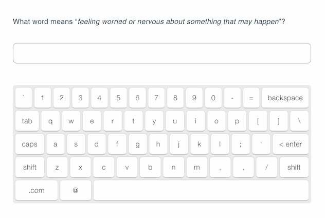 Sample vocabulary question with text input and onscreen keyboard