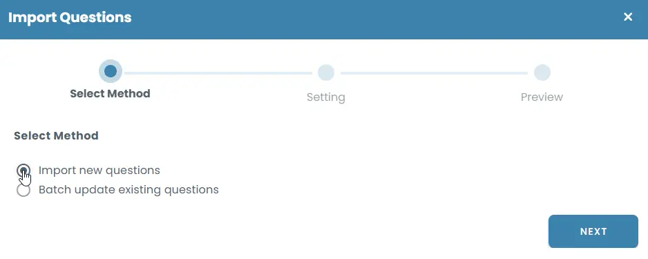 Import screen for adding new questions or updating existing ones