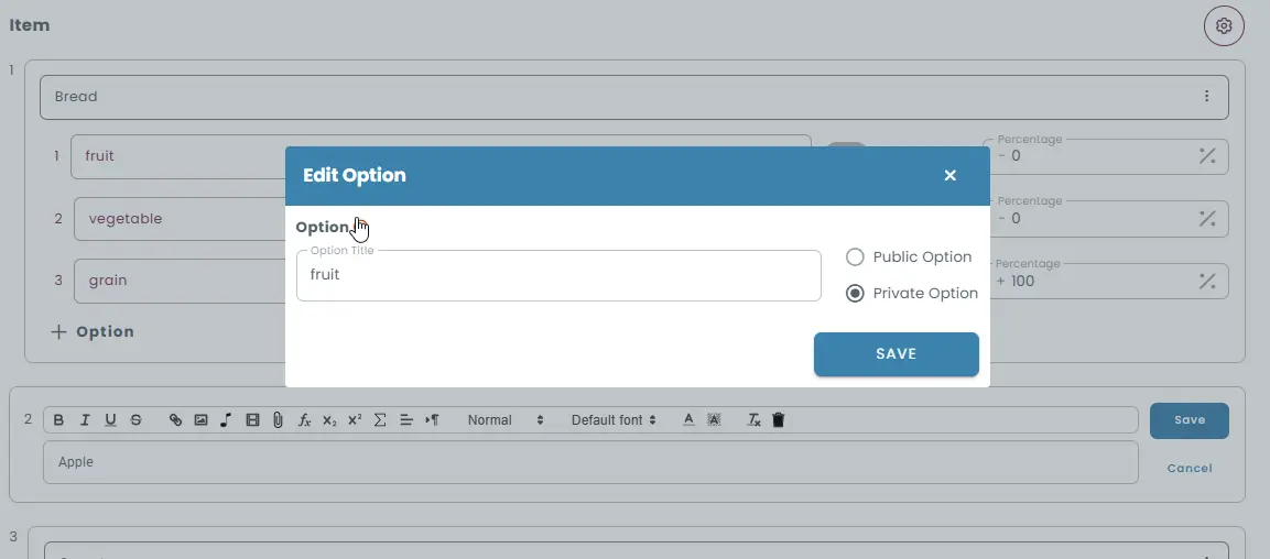 Edit option popup showing public and private option setting