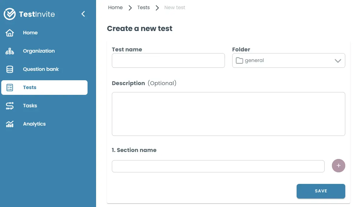 Test creation page with test details and section setup