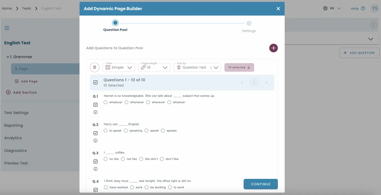 Interface showing the creation of a dynamic question pool by selecting multiple questions from the question bank for randomized use in tests