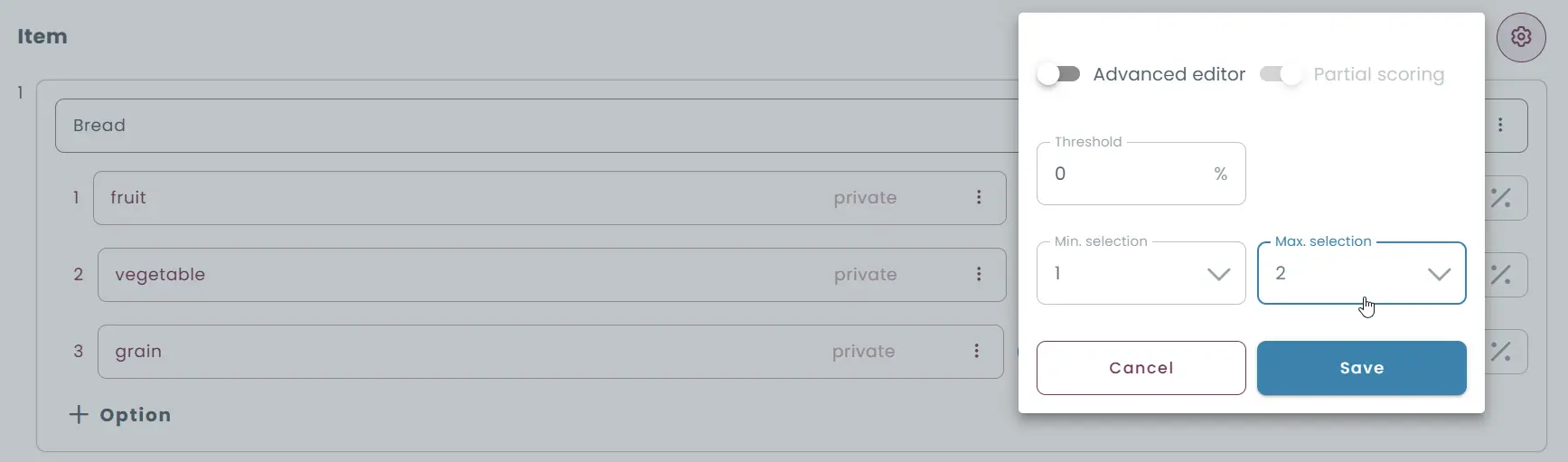 Settings panel for setting minimum and maximum matches in a matching question