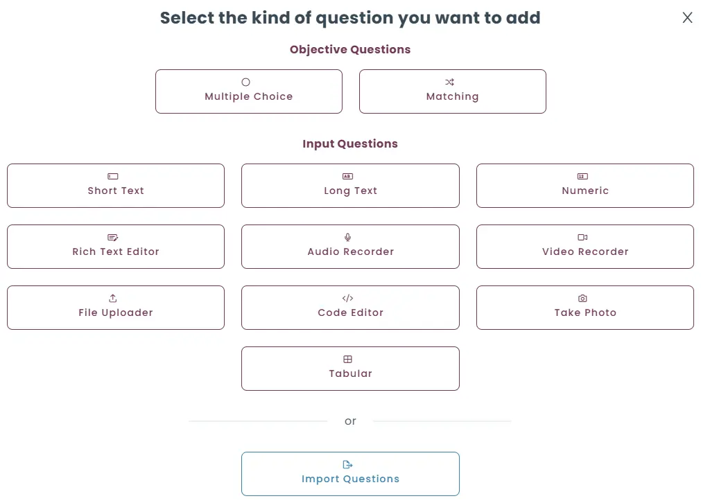 Question types menu.